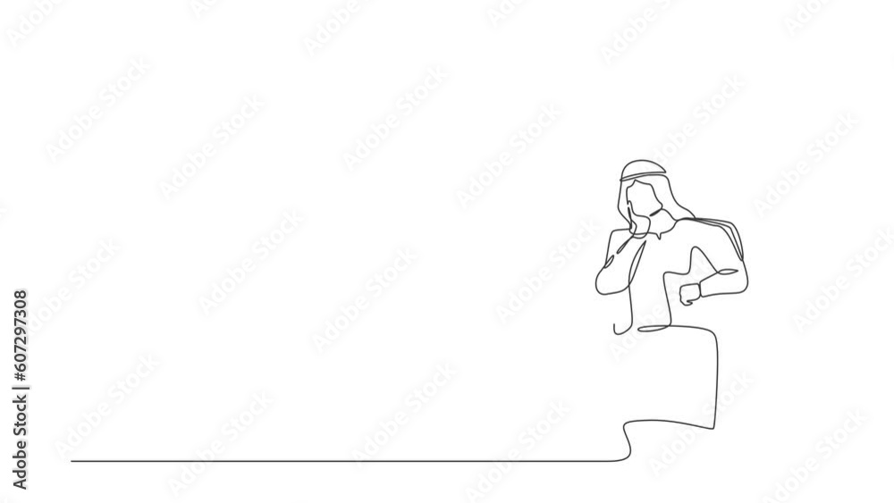 Animated self drawing of continuous one line draw Arab businessman sitting at sofa, feeling stressed. Anxious worker sit on couch, feel frustrated, depressed, suffer. Full length single line animation Animated self drawing of continuous one line draw Arab businessman sitting at sofa, feeling stressed. Anxious worker sit on couch, feel frustrated, depressed, suffer. Full length single line animation