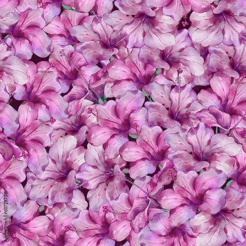 Seamless floral pattern with hibiscus blossoms hand-drawn painted in watercolor style. The seamless pattern can be used on a variety of surfaces, wallpaper, textiles or packaging