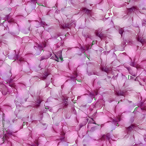 Seamless floral pattern with hibiscus blossoms hand-drawn painted in watercolor style. The seamless pattern can be used on a variety of surfaces, wallpaper, textiles or packaging