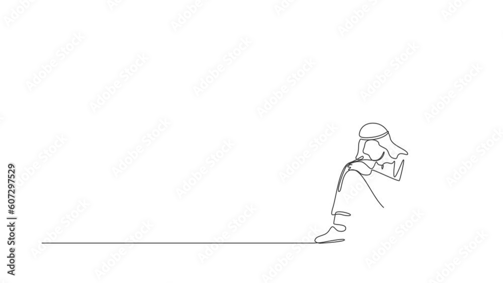 Animated self drawing of continuous line draw very sad Arab businessman ...