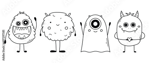 Set with cute monsters in doodle style. Linear children's monsters. Coloring book for children. vector illustration. Isolated mascot.