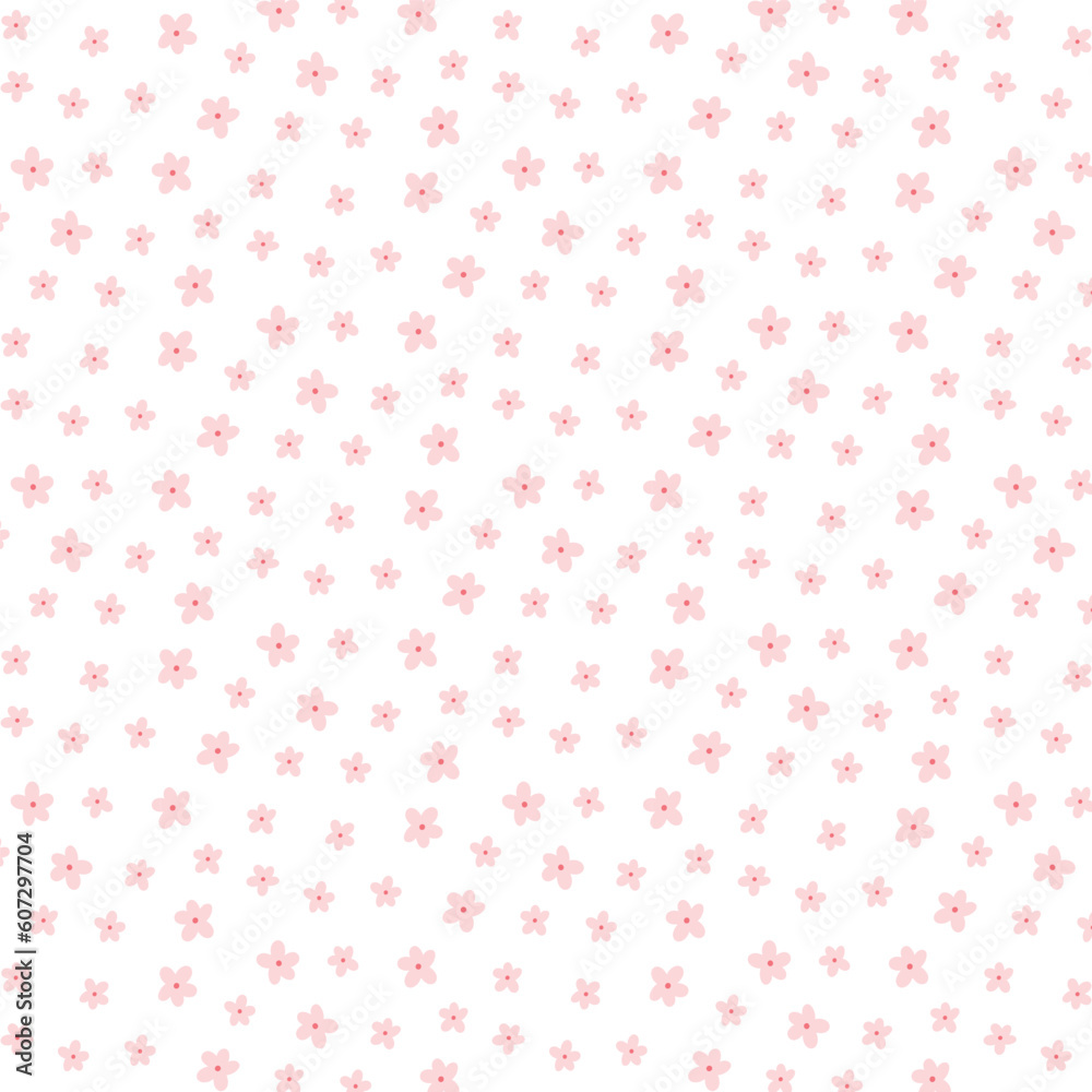 Cute seamless pattern with pink small flowers. Vector illustration. Kids minimalist print with daisies. Flat style. Spring pattern with blooming flowers.