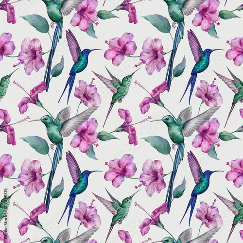 Seamless pattern with hummingbirds hand-drawn painted in watercolor style. The seamless pattern can be used on a variety of surfaces, wallpaper, textiles or packaging

