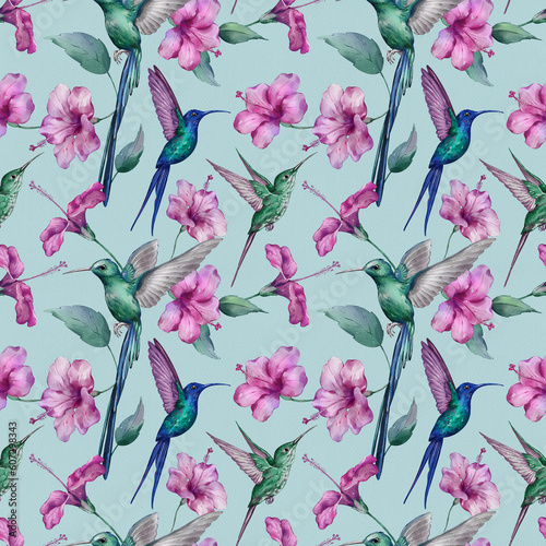 Seamless pattern with hummingbirds hand-drawn painted in watercolor style. The seamless pattern can be used on a variety of surfaces, wallpaper, textiles or packaging
