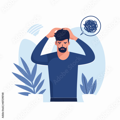 A man who failed in business.be greatly perplexed.holding his head.Problems, failure, stress, sadness, heartbreak and depression concept,vector,flat illustration  -generative AI