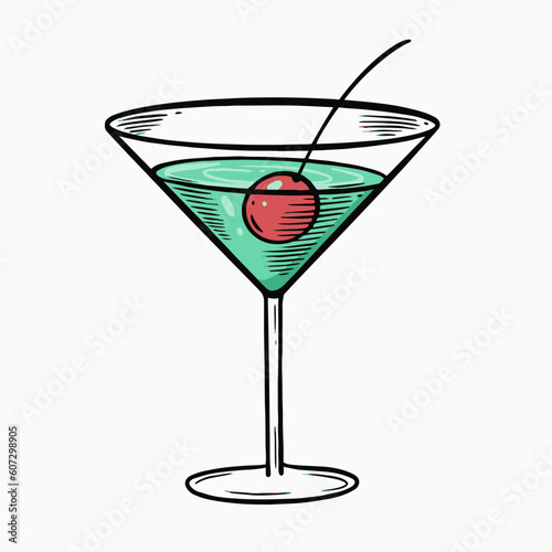 Green color cocktail with cherry in martini glass.