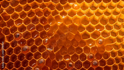 Honeycomb with honey and bee pollen as a background. Macro generative ai