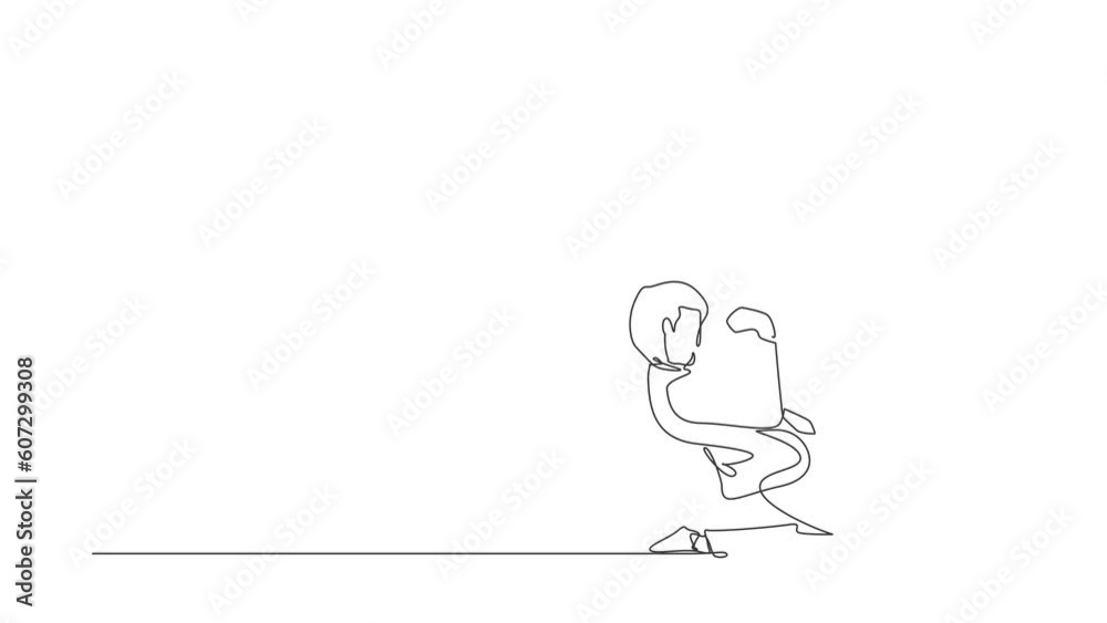 Animated self drawing of continuous one line draw happy businessman kneeling with celebrating goal pose. Office worker celebrate success of company financial project. Full length single line animation Animated self drawing of continuous one line draw happy businessman kneeling with celebrating goal pose. Office worker celebrate success of company financial project. Full length single line animation