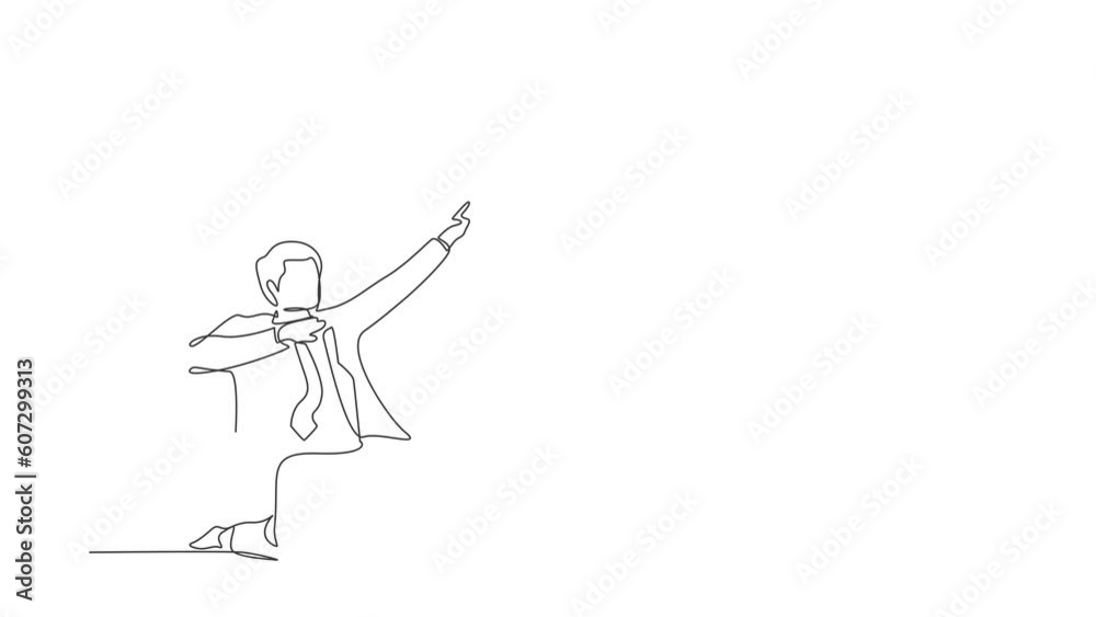 Self drawing animation of single line draw businessman kneeling with celebrating goal pose. Manager celebrating success of increasing the company product. Continuous line draw. Full length animated Self drawing animation of single line draw businessman kneeling with celebrating goal pose. Manager celebrating success of increasing the company product. Continuous line draw. Full length animated