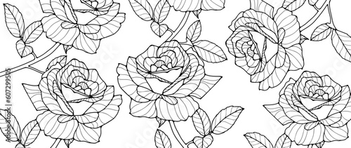 Black and white floral picture with roses for coloring pages, decor, backgrounds, cards and presentations