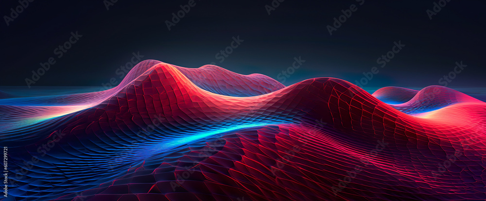 Fototapeta premium Abstract 3D rendering of wavy surface with red and blue gradient Generative AI
