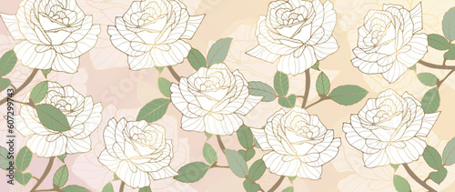 Delicate luxury floral background with white roses and golden outline. Background for decor, covers, wallpapers, postcards and presentations