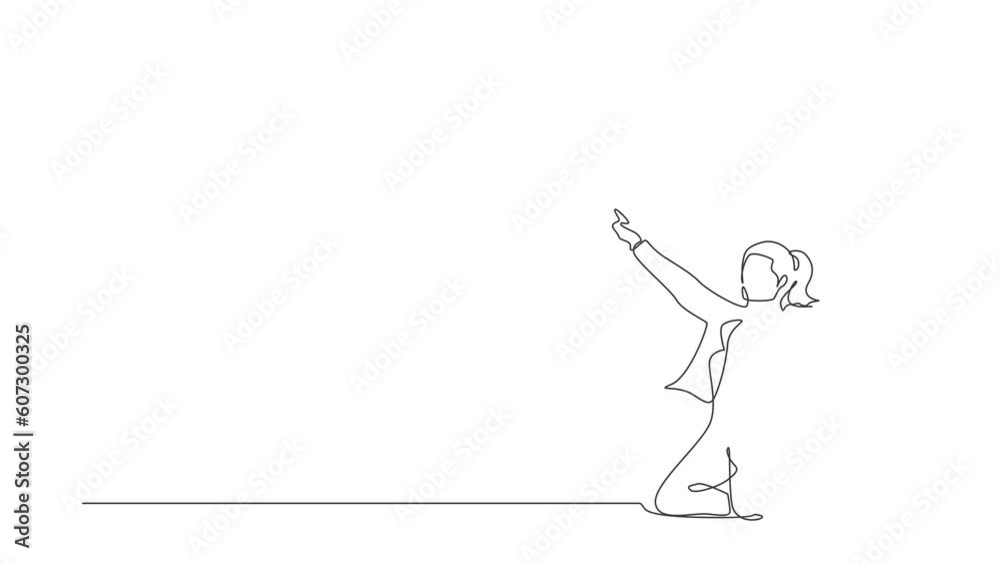 Animated self drawing of continuous line draw businesswoman kneeling with celebrating goal pose. Manager celebrating the success of increasing company product sales. Full length single line animation Animated self drawing of continuous line draw businesswoman kneeling with celebrating goal pose. Manager celebrating the success of increasing company product sales. Full length single line animation