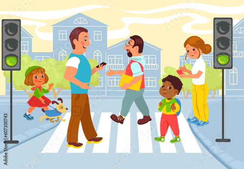 People cross city road with traffic light. Road traffic. Men and women walk at crossroad. Zebra crosswalk. Children pedestrians. Town transportation. Kids crossing roadway. Vector concept