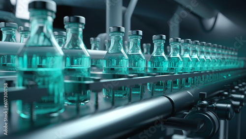 Conveyor belt with glass bottles on production line. 3D rendering. Generative AI