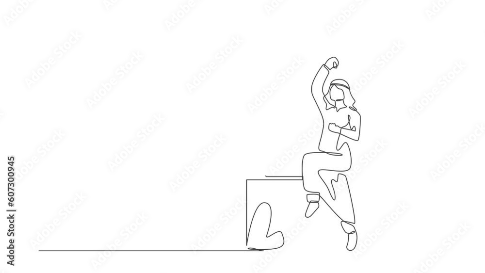 Animated self drawing of continuous line draw Arab businessman jumping dancing on workplace. Male manager celebrating success of increasing company's product sales. Full length single line animation Animated self drawing of continuous line draw Arab businessman jumping dancing on workplace. Male manager celebrating success of increasing company's product sales. Full length single line animation