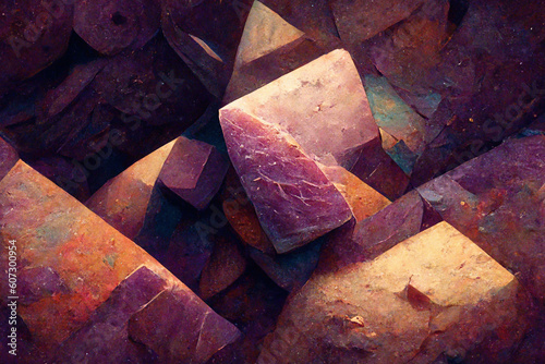 An abstract background of irregular textures, materials, and colors, featuring mauve tones. Seamless tiled pattern with cubes, squares, and rectangles. Beautiful backdrop for design. Generative AI. photo