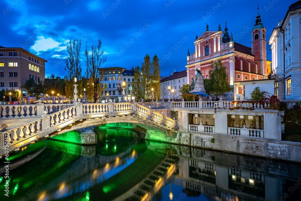 Ljubljana, Slovenia - Triple bridge and Franciscan Church of the Annunciation
