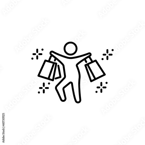 Man holds bags with purchases from the store in his hands and jumps happily, linear icon. Editable stroke