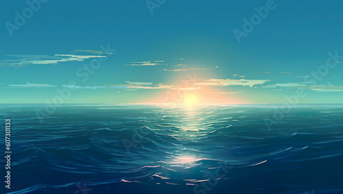 3D illustration of a beautiful seascape with waves and sunset Generative AI