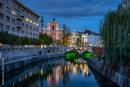 Ljubljana, Slovenia - Ljubljanica river canal, Triple bridge and Franciscan Church of the Annunciation
