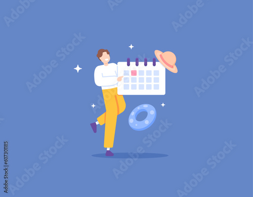take leave. set a day for vacation. a worker or employee plans or organizes a schedule for a holiday. a man holding a calendar. illustration concept design. vector elements. blue background