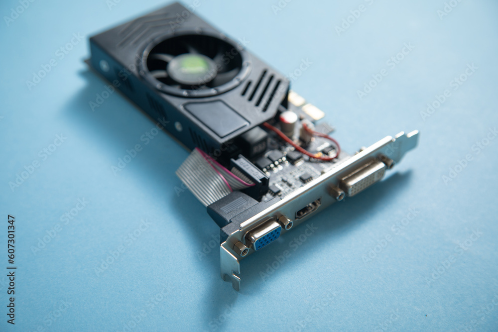 Computer graphics card on the blue background. Computer graphics card on the blue background.