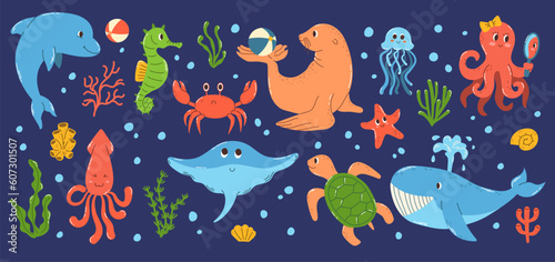 Set isolated colorful hand drawn marine animals and objects underwater world in flat vector style on dark blue background. Marine life vector doodles © Katrinka8888