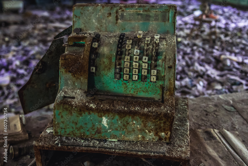 Old cash register in 3rd High school in Pripyat abandoned city, Chernobyl Exclusion Zone, Ukraine