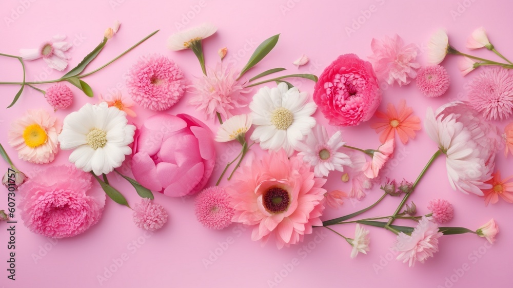 Spring flowers on pink pastel background Generative AI