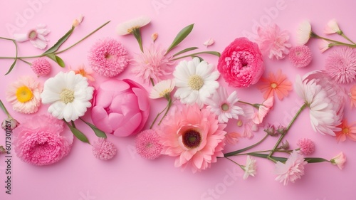 Spring flowers on pink pastel background Generative AI © Dyeru