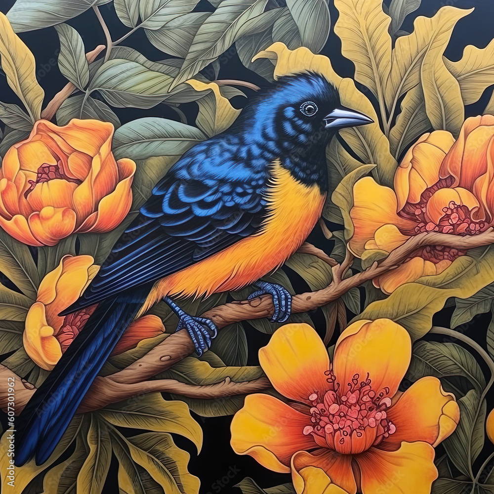 Obraz premium Illustration of a bird on a branch with an orange flower Generative AI