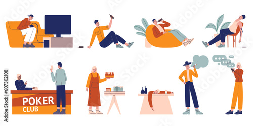 People with addictions. Different harmful habits. Men and women suffering from alcoholism. Eating disorder. Gambling and video gaming. Overuse messenger. Vector addictive persons set photo