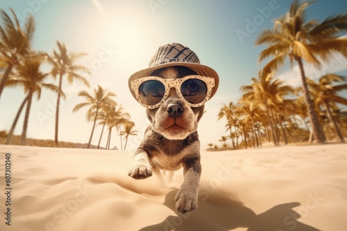 Cute puppy runs beach. Generate Ai