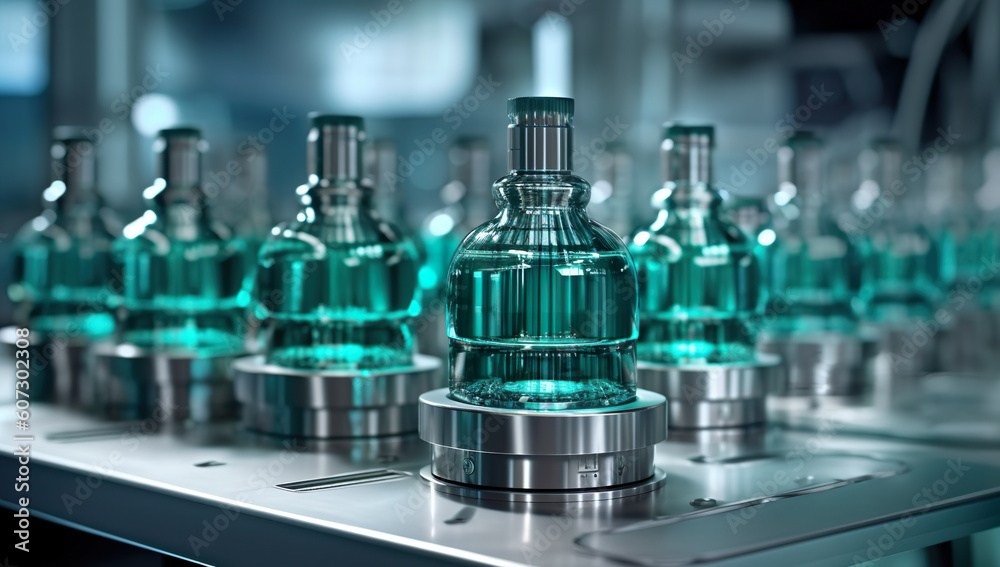 Bottling line of green liquid in a factory. Generative AI Bottling line of green liquid in a factory. Generative AI