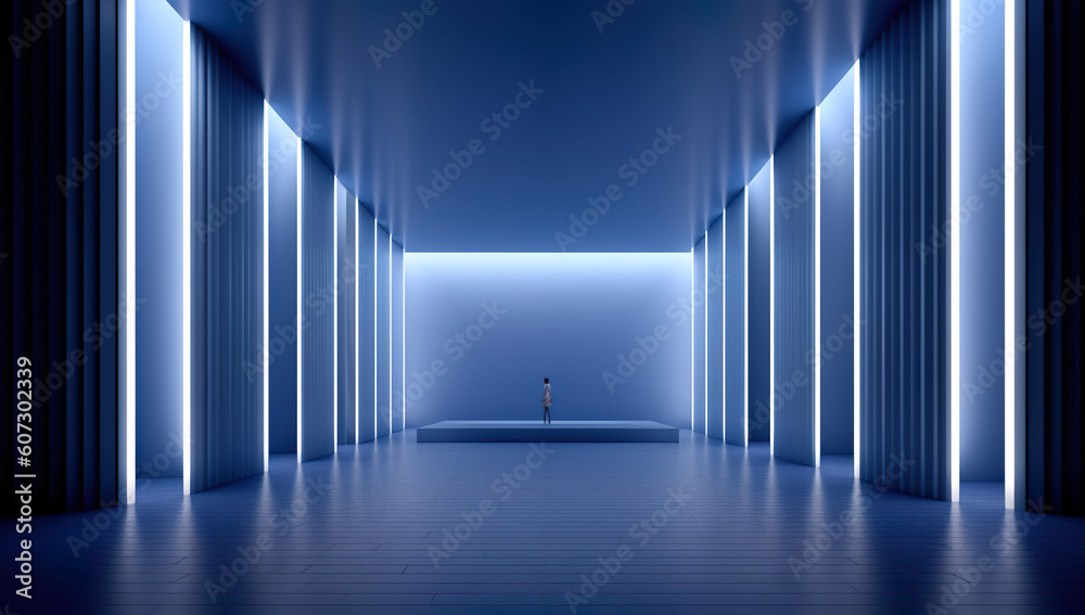 3D render, abstract background, empty room with blue lights, modern interior Generative AI