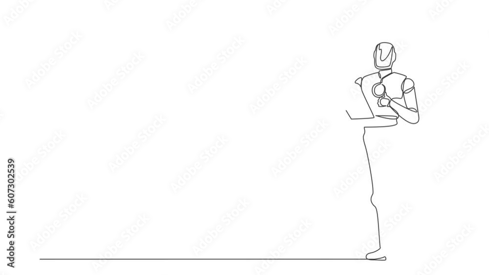 Self drawing animation of single line draw robot holding clipboard showing thumbs up. Future development. Artificial intelligence machine learning process. Continuous line draw. Full length animated Self drawing animation of single line draw robot holding clipboard showing thumbs up. Future development. Artificial intelligence machine learning process. Continuous line draw. Full length animated