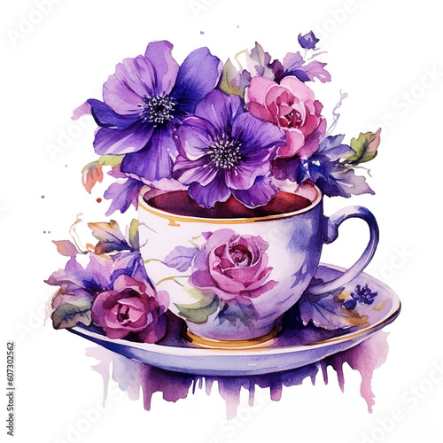 Cup of tea with anemone flowers. Watercolor illustration. Generative AI