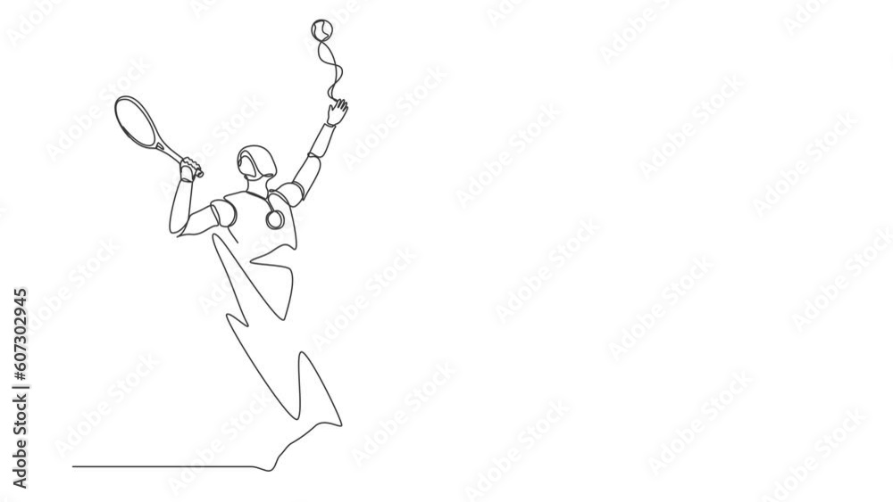 Self drawing animation of single line draw robot come out from cellular phone, serve tennis ball with racket. Future technology. Artificial intelligence machine. Continuous line. Full length animated Self drawing animation of single line draw robot come out from cellular phone, serve tennis ball with racket. Future technology. Artificial intelligence machine. Continuous line. Full length animated