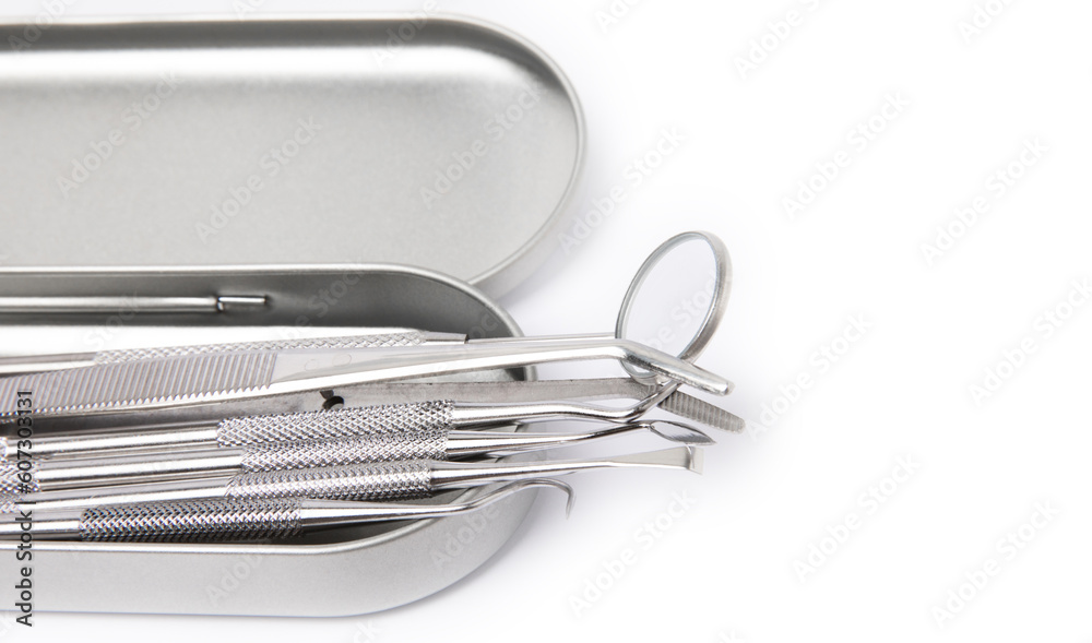 Dental instruments isolated on white background. Professional tools for oral care. Whitens teeth, stimulates gums, removes plaque and tartar. Clean teeth.Dentistry concept. mockup Dental instruments isolated on white background. Professional tools for oral care. Whitens teeth, stimulates gums, removes plaque and tartar. Clean teeth.Dentistry concept. mockup