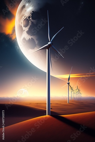 wind energy farm at sunset by Ai Genrerative