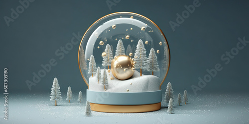 Snow globe with a golden Christmas ball. 3D illustration. 3D rendering Generative AI