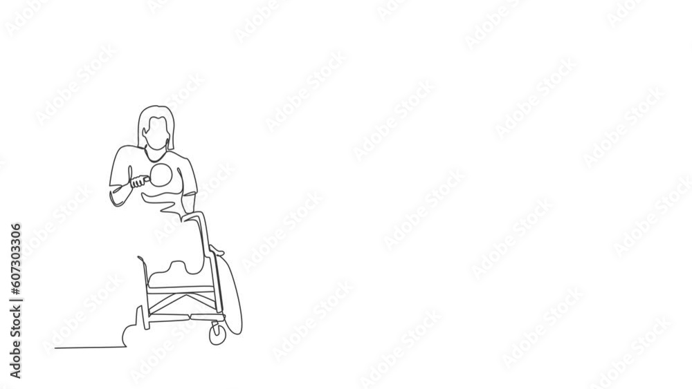 Animated self drawing of continuous line draw disabled sportswoman in wheelchair playing table tennis. Disability games. Hobbies, interests of people with disabilities. Full length one line animation