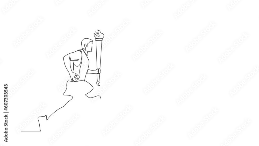 Animated self drawing of continuous line draw disabled athlete with prosthetic leg holding torch. Disability sportsman participating in opening ceremony tournament. Full length single line animation