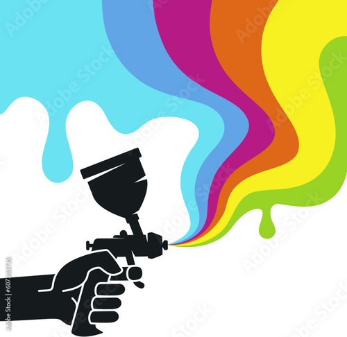 Spray gun in hand and waves of colored paint. Design for painting and painter