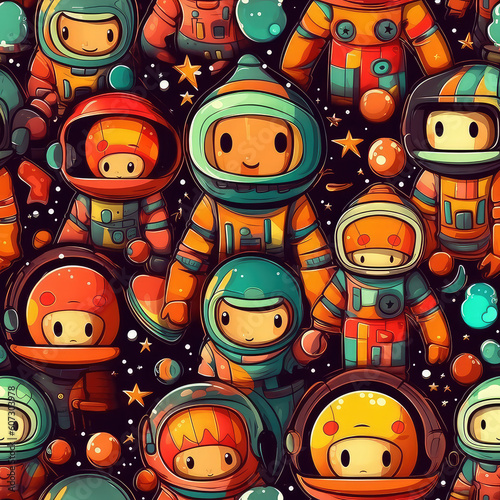 Astronauts in space seamless repeat pattern - fantasy colorful cubism, abstract art, trippy psychedelic [Generative AI] 