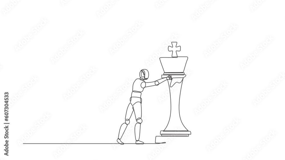 Self drawing animation of single one line draw robot push huge king chess piece to take down other king. Future technology. Artificial intelligence machine. Continuous line draw. Full length animated Self drawing animation of single one line draw robot push huge king chess piece to take down other king. Future technology. Artificial intelligence machine. Continuous line draw. Full length animated