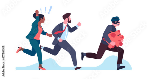 Stealing financial savings. Thief with piggy bank running away from angry people. Robber escaping from man and woman. Burglar chase. Money theft. Defrauded investors. Vector concept