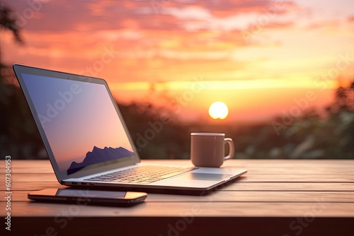 Laptop, Coffee, and the Sunset. Perfect Online Workstation on a Wooden Table. Work online concept.