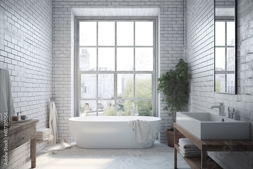 Bathroom interior design with white brick walls  tiled floor  comfortable white bathtub and large window